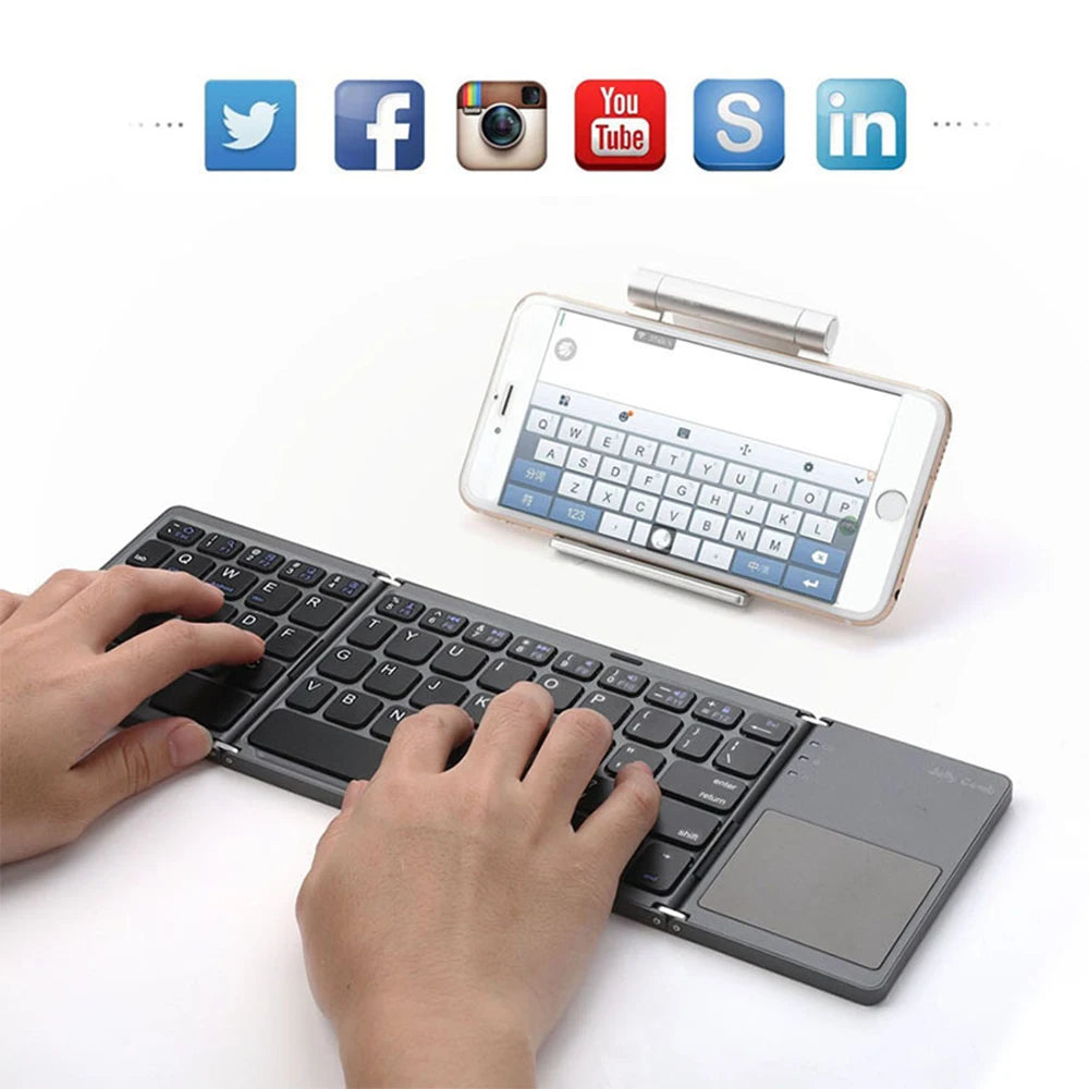 B033 Mini Wireless Keyboard Bluetooth Touchpad Portable Magnetic Triple Folding Keyboard for Windows Android IOS Ipad Phone